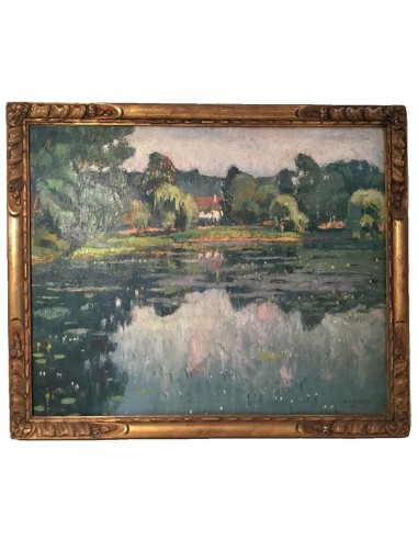 Impressionist landscape painting by De Rakowski with lake, reflections and trees, oil on canvas, 1925, framed