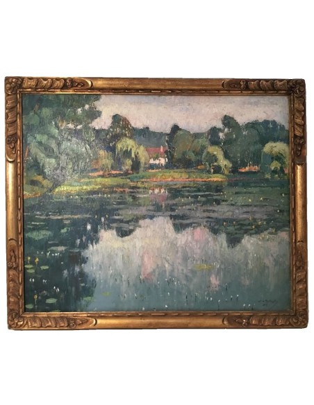 Impressionist landscape painting by De Rakowski with lake, reflections and trees, oil on canvas, 1925, framed