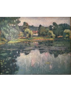 Impressionistisches Landschaftsgemälde von De Rakowski mit See, Spiegelung und Bäumen, Öl auf Leinwand, 1925