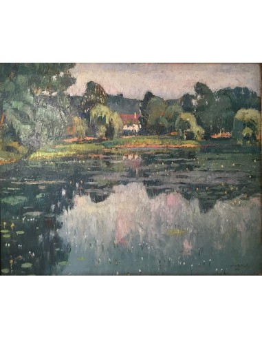 Impressionist landscape painting by De Rakowski with lake, reflections and trees, oil on canvas, 1925