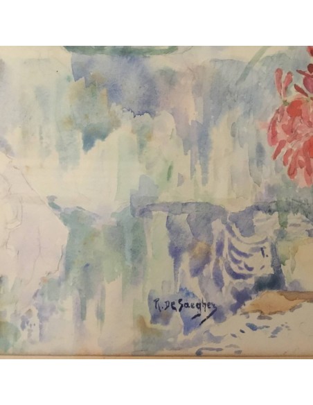 Signature lower left of Rodolphe de Saegher on Watercolor “Geraniums” red bouquet in blue vase, impressionistic