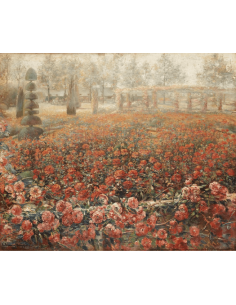 Oil painting by Clémence Hanappe, blooming rose field with trees in the background, impressionist style