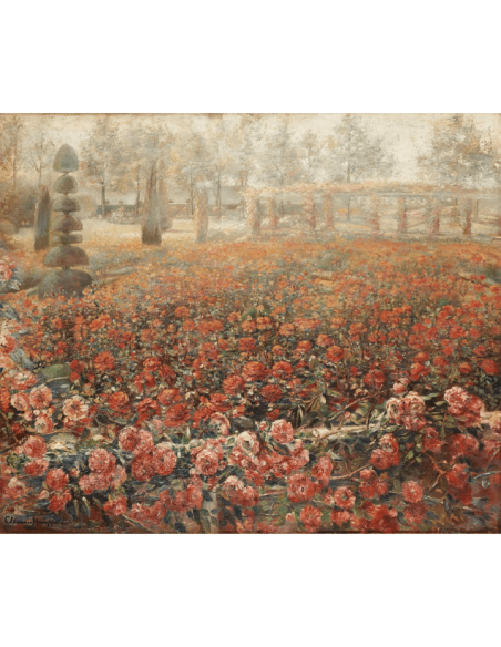 Oil painting by Clémence Hanappe, blooming rose field with trees in the background, impressionist style