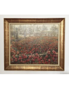 Peinture à l'huile de Clémence Hanappe, champ de roses en fleurs avec des arbres en arrière-plan, style impressionniste. 2
