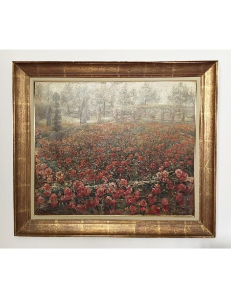 Oil painting by Clémence Hanappe, blooming rose field with trees in the background, impressionist style, framed in gold frame