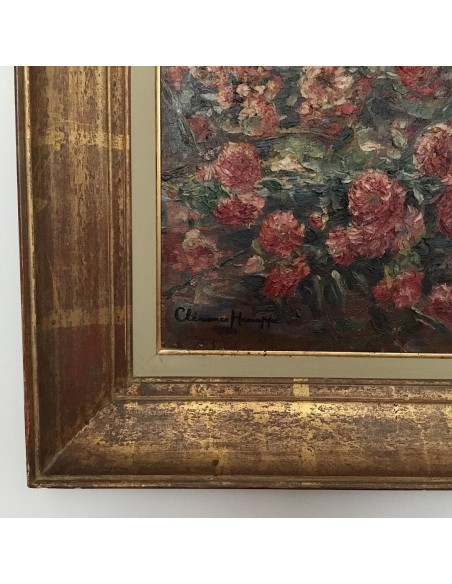 Signature lower left by Clémence Hanappe on painting with blooming rose field and trees in the background