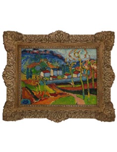 Expressionist landscape, Belgian School, bright colors in red, blue, green, yellow, village with fields, hills, trees 2