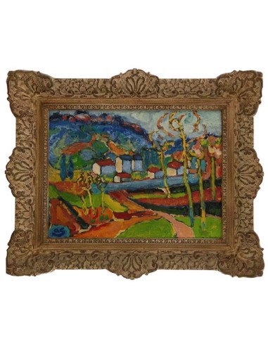 Paysage expressionniste, école belge, couleurs vives rouge, bleu vert, jaune, village, champs, collines, arbres, encadré