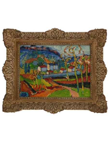 Paysage expressionniste, école belge, couleurs vives rouge, bleu vert, jaune, village, champs, collines, arbres, encadré