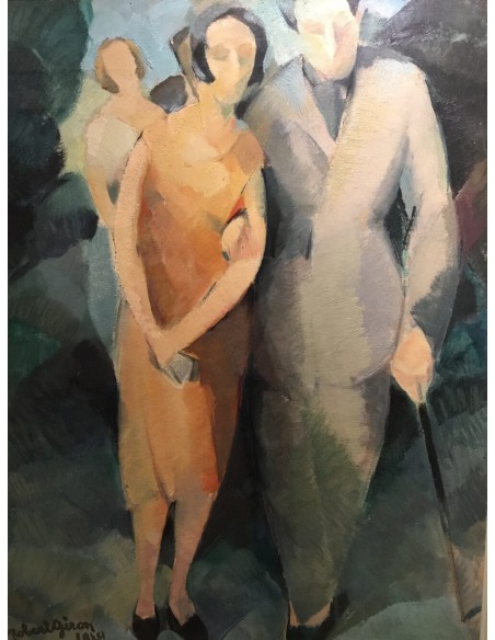Gemälde Robert Giron 1924: Elegantes Paar beim Spaziergang im Sommer, abstrahierte Formen mit kubistischem Einfluß.