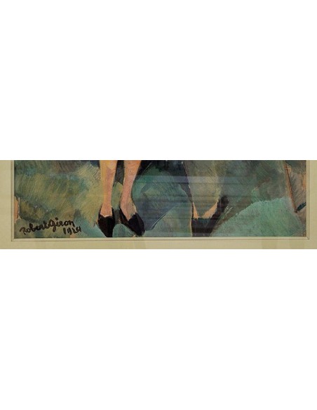 Robert Giron's signature on a 1924 painting: Elegant couple strolling in summer, abstract forms with a cubist influence.