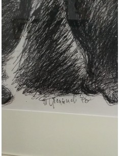 Federzeichnung auf Bütten von Anatolie Slepyschew Stepanowitsch von 1976, betitelt "Zwei Schläfer, Vogel und Hund" 2