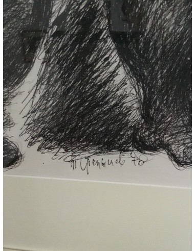 Signatur von Anatolie Slepyshev Stepanovich auf seiner Zeichnung von 1976 mit dem Titel „Zwei Schläfer, Vogel und Hund“