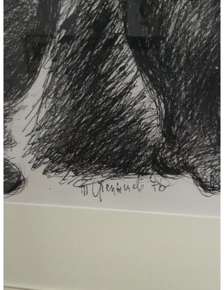 Signature by Anatolie Slepyshev Stepanovich on drawing from 1976, titled "Two Sleepers, Bird and Dog"