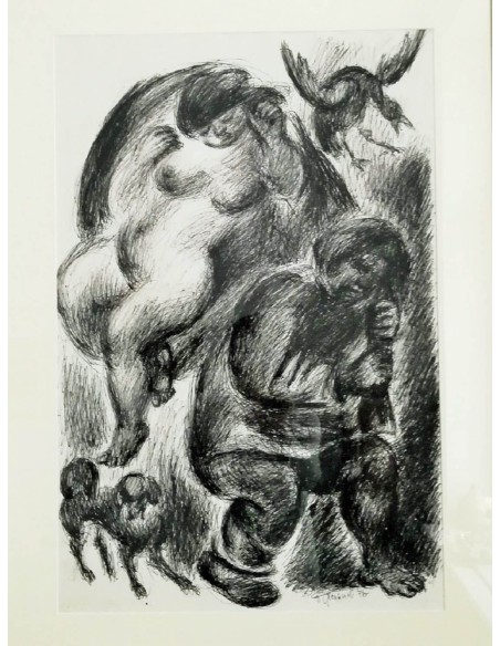 Pen and ink drawing on handmade paper by Anatolie Slepyshev Stepanovich from 1976, titled "Two Sleepers, Bird and Dog"