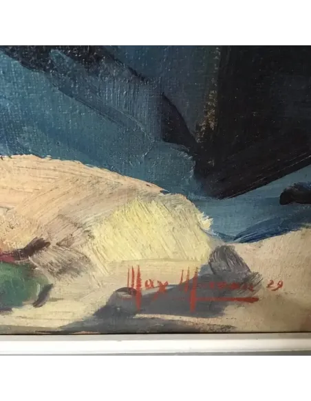 Signatur Gemälde Max Moreau - Orientalischer Gemüsehändler mit Kürbissen und Paprika, sitzend in traditioneller Kleidung, 1929