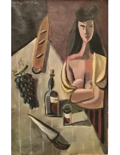 Serge Creuz « Buveuse de Rancio » 1947, représentation cubiste, femme à une table dressée avec du pain, du vin et des raisins.