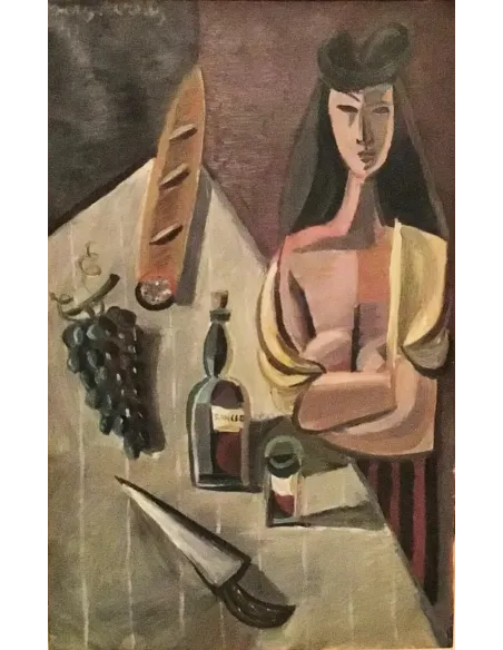 Serge Creuz « Buveuse de Rancio » 1947, représentation cubiste, femme à une table dressée avec du pain, du vin et des raisins.