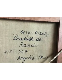 Serge Creuz „Buveuse de Rancio“ 1947, kubistische Darstellung, Frau an gedecktem Tisch mit Brot, Wein und Trauben. 2