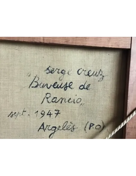 Peinture avec signature et titre Serge Creuz „Buveuse de Rancio“ sept. 1947, Argelès (Po).