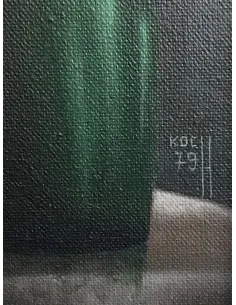 Gemälde von Wolfgang Koch (1979): Melancholische Frau mit Zigarette und Rotweinglas sitzt am Tisch mit brennender Kerze 2