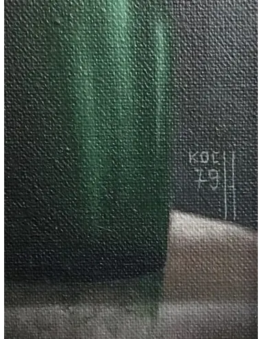 Signatur Wolfgang Koch (1979): Gemälde mit melancholischer Frau mit Zigarette und Rotweinglas am Tisch mit brennender Kerze