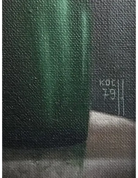 Signature de Wolfgang Koch (1979) : Femme mélancolique avec cigarette et verre de vin rouge assise à table avec bougie allumée