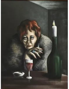 Gemälde von Wolfgang Koch (1979): Melancholische Frau mit Zigarette und Rotweinglas sitzt am Tisch mit brennender Kerze