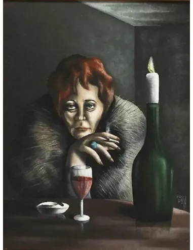 Gemälde von Wolfgang Koch (1979): Melancholische Frau mit Zigarette und Rotweinglas sitzt am Tisch mit brennender Kerze