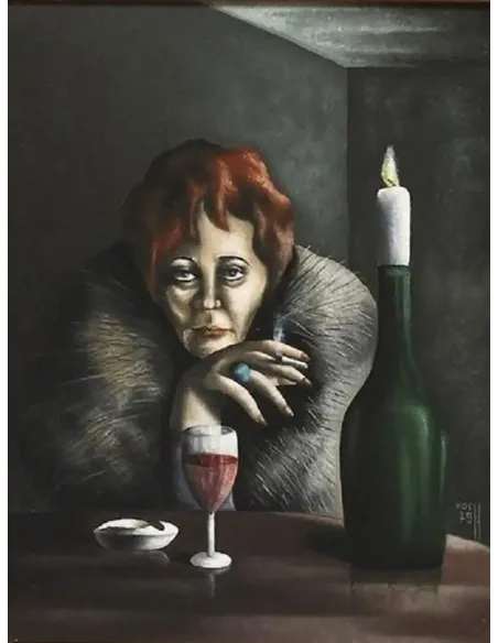 Peinture de Wolfgang Koch (1979) : Femme mélancolique avec cigarette et verre de vin rouge assise à table avec bougie allumée