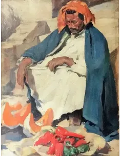 Orientalischer Gemüsehändler mit Kürbissen und Paprika, sitzend in traditioneller Kleidung – Gemälde von Max Moreau, 1929