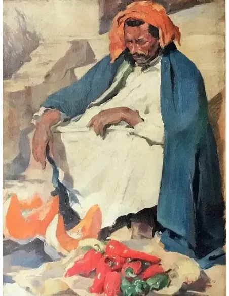 Orientalischer Gemüsehändler mit Kürbissen und Paprika, sitzend in traditioneller Kleidung – Gemälde von Max Moreau, 1929