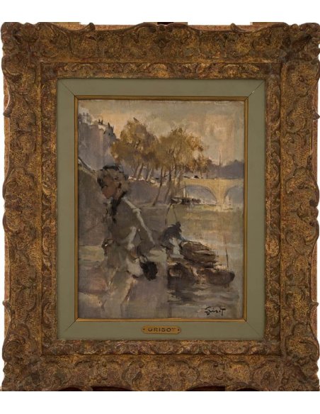 Peinture de Pierre Grisot : Femme élégamment vêtue sur les rives de la Seine avec jetée, arbres et pont, impressionniste