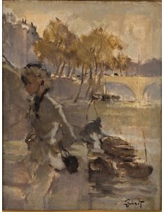 Peinture de Pierre Grisot : Femme élégamment vêtue sur les rives de la Seine avec jetée, arbres et pont, impressionniste