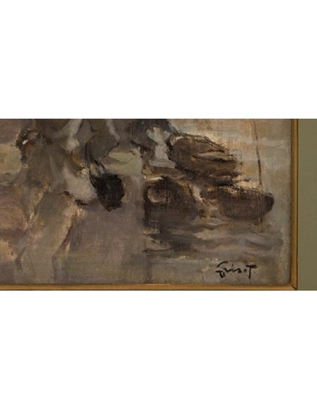 Signature Pierre Grisot sur son tableau de 1926, Femme se promenant sur les bords de la Seine