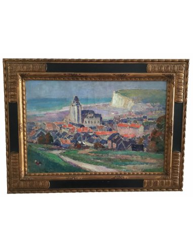 Gemälde Maurice Blieck: Blick auf Dorf an der Küste, mit Kirche, roten Dächern, grünem Feld, weiße Klippen hinten, gerahmt