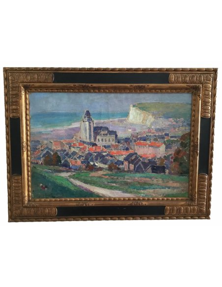 Gemälde Maurice Blieck, Landschaft, Blick auf Dorf mit Kirche, Meer und weiße Klippen, gerahmt