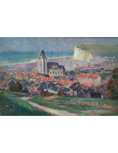 Painting Maurice Blieck, Landscape, View of Village with Church, Sea and White Cliffs