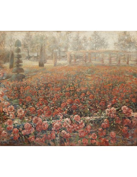 Ölgemälde von Clémence Hanappe, blühendes Rosenfeld mit Bäumen im Hintergrund, impressionistischer Stil.