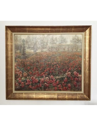 Oil painting by Clémence Hanappe, blooming rose field with trees in the background, impressionist style