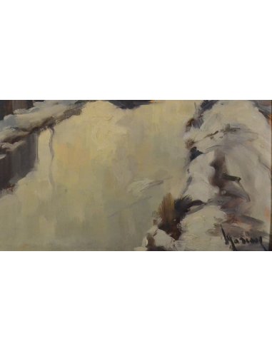Signatur auf Gemälde von Albert Mascaux mit verschneiter Winterlandschaft in den Ardennen in Grau- und Brauntönen.