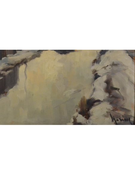 Signatur auf Gemälde von Albert Mascaux mit verschneiter Winterlandschaft in den Ardennen in Grau- und Brauntönen.