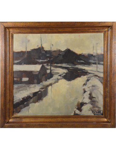 Tableau d'Albert Mascaux avec maisons enneigées et rivière, paysage hivernal dans les Ardennes dans les tons de gris et de brun