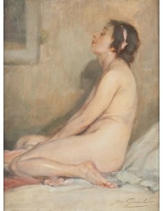 Nude painting of a seated woman with closed eyes, her head tilted slightly back. Against a pastel background.