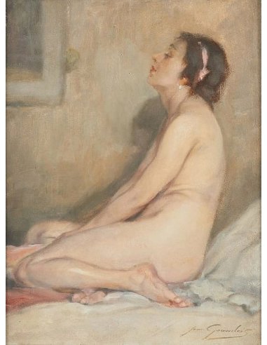 Nu féminin assis, les yeux clos, la tête légèrement inclinée vers l'arrière. Sur fond pastel.
