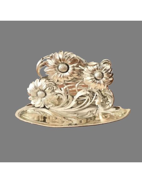 silver-plated letter tray by WMF on small feet, decorated with three large upright flowers