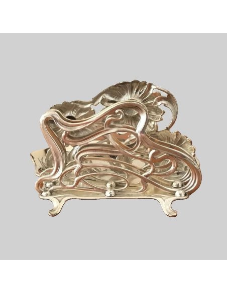 silver-plated letter tray by WMF on small feet, decorated with three large upright flowers, rear view