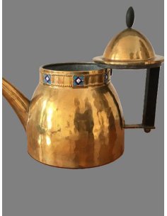 Jugendstil Teekanne aus gehämmertem Messing mit bläulicher Emaille-Einlage als Bordüre am oberen Rand und Ebenholzgriff 2