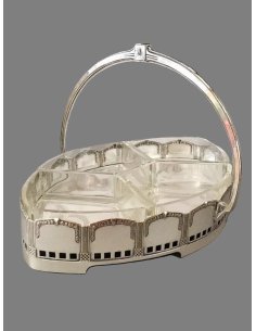 Large Art Nouveau silver tray with handle and 4 serving bowls made of cut crystal, silver-plated 2
