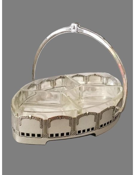 Grand plateau en argent Art Nouveau avec anse et 4 coupelles de service en cristal taillé, plaqué argent